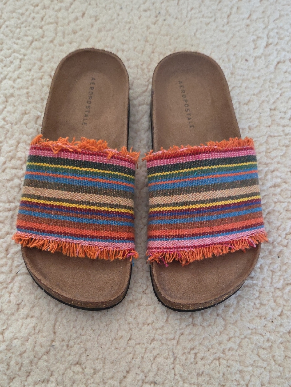 Aeropostale Multicolor Striped Slide Sandals with Orange Fringe